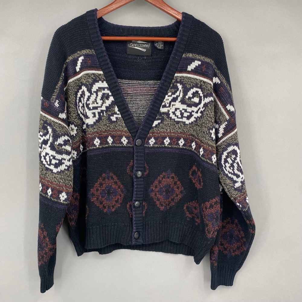 Vintage Cardigan‎ Sweater
Mens L Geometric Pattern Navy Multi Color Button Front